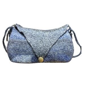 New Hand Woven Knit Shoulder Bag Variegated Blue Felted Wool Fold Over Button
